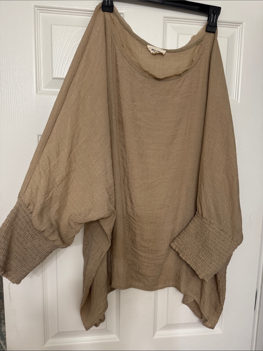 eesome Relaxed Gauze Tunic in Tan with Smocked Cuffs